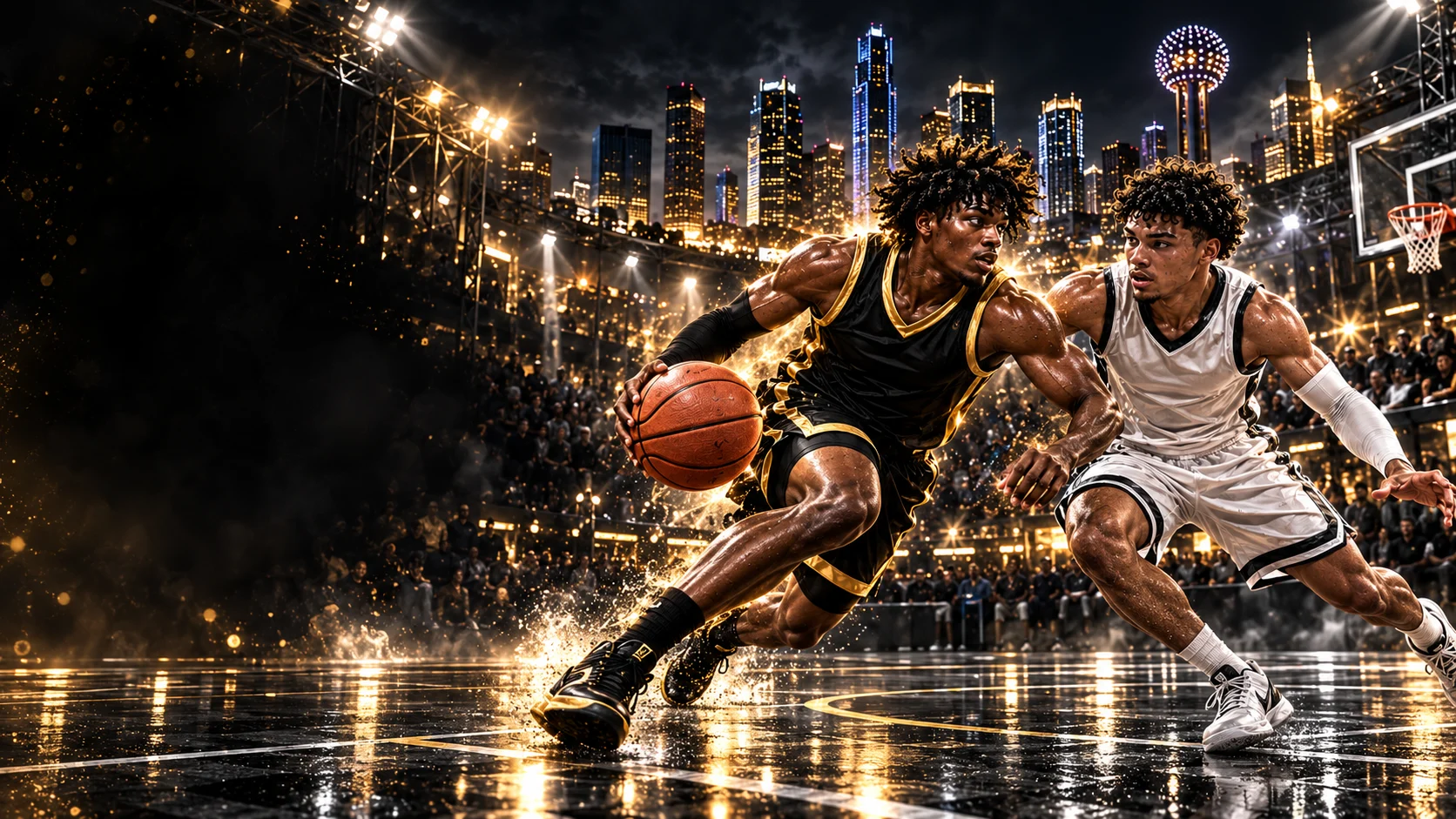 Two Prime Nation basketball athletes competing beneath arena lights in Dallas