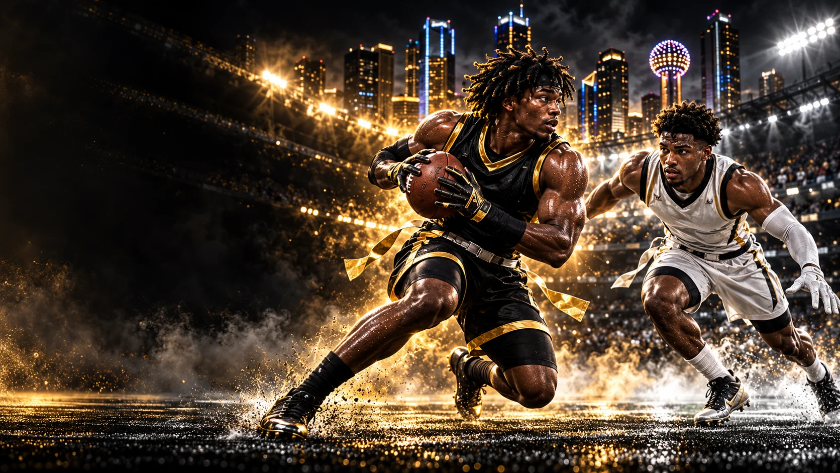 Football athletes under stadium lights