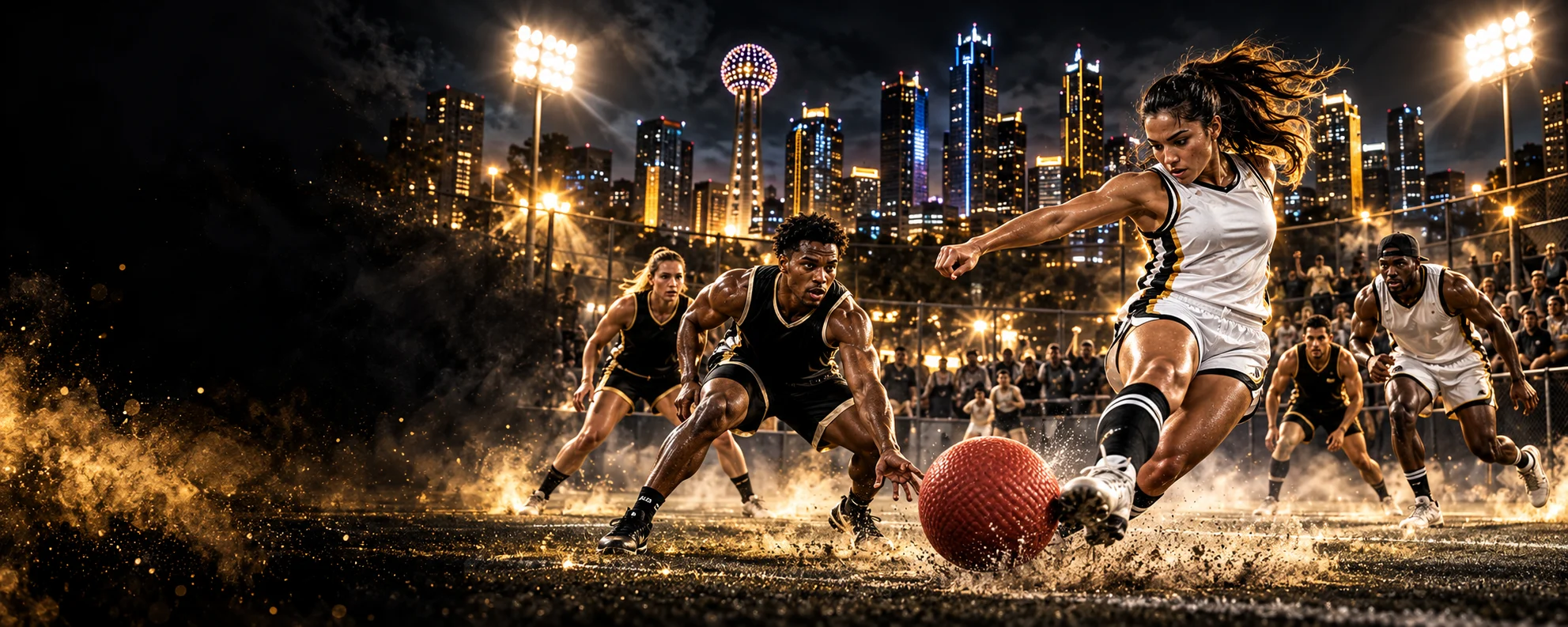 Kickball athletes competing under lights
